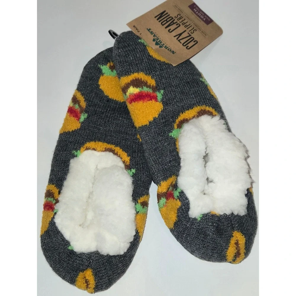 Northeast Outfitters Cozy Cabin Youth Slipper Socks Burger Print‎ SZ 10K 4